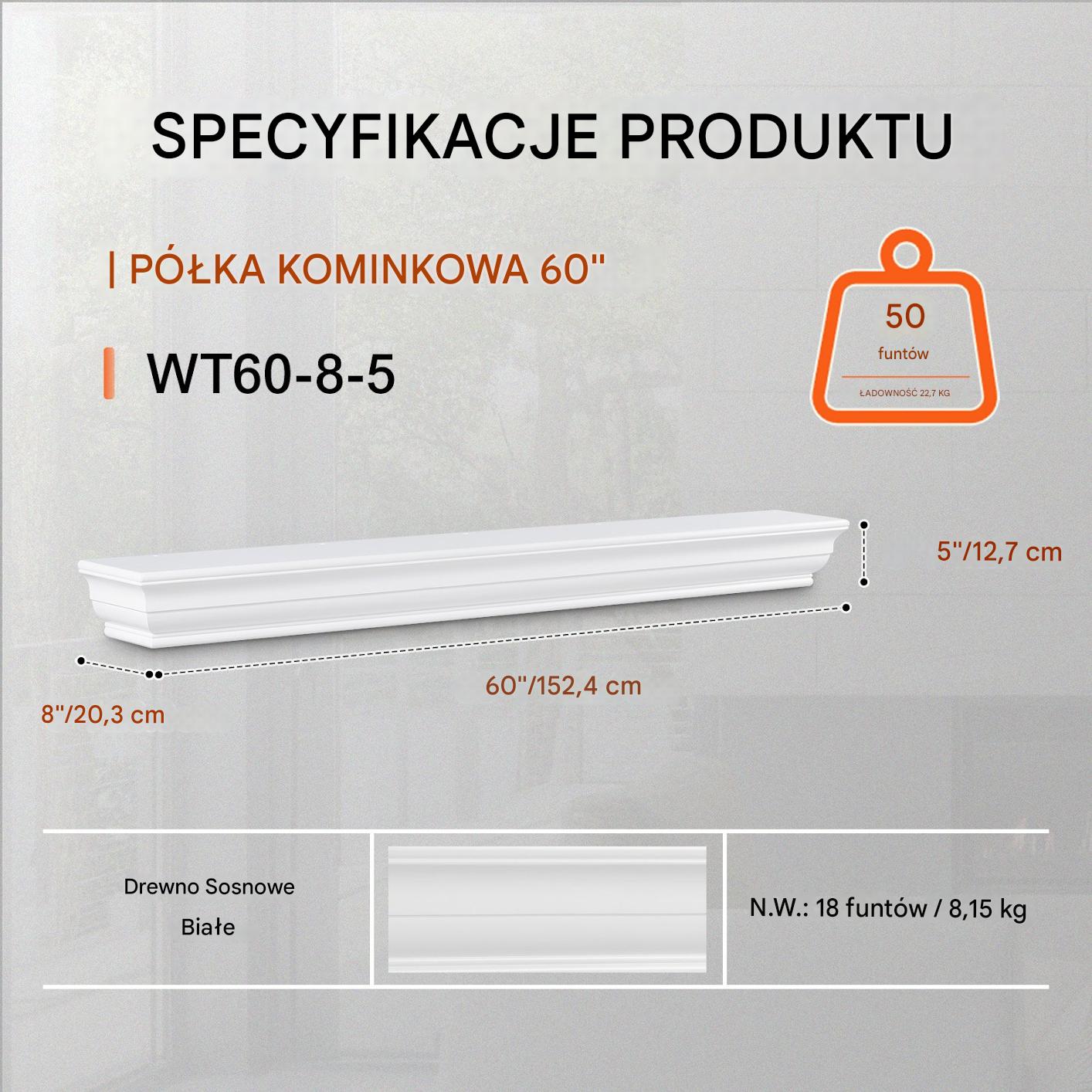 Półka na Kominek 152 cm Drewniana Sosnowa Wisząca do Salonu Biała - obrazek 2