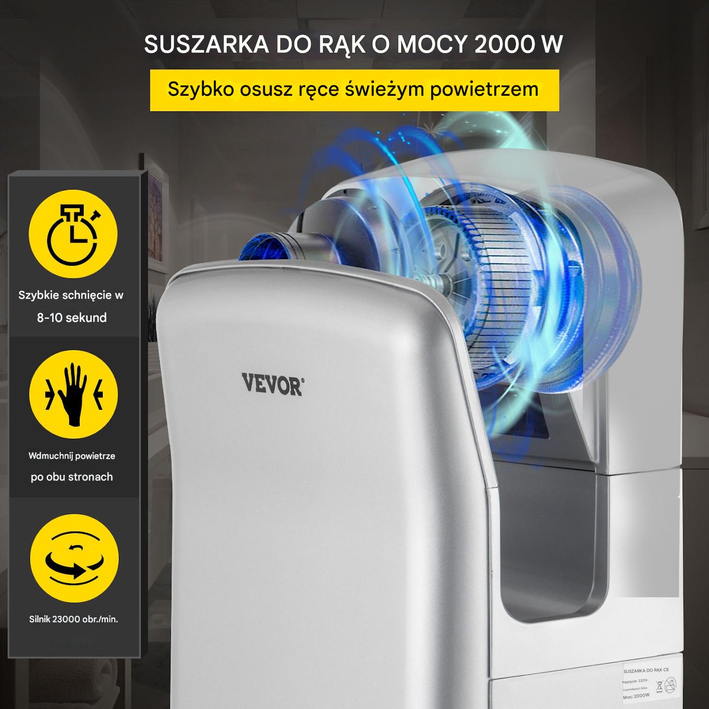 Kieszeniowa suszarka do rąk automatyczna 2000 W - obrazek 3