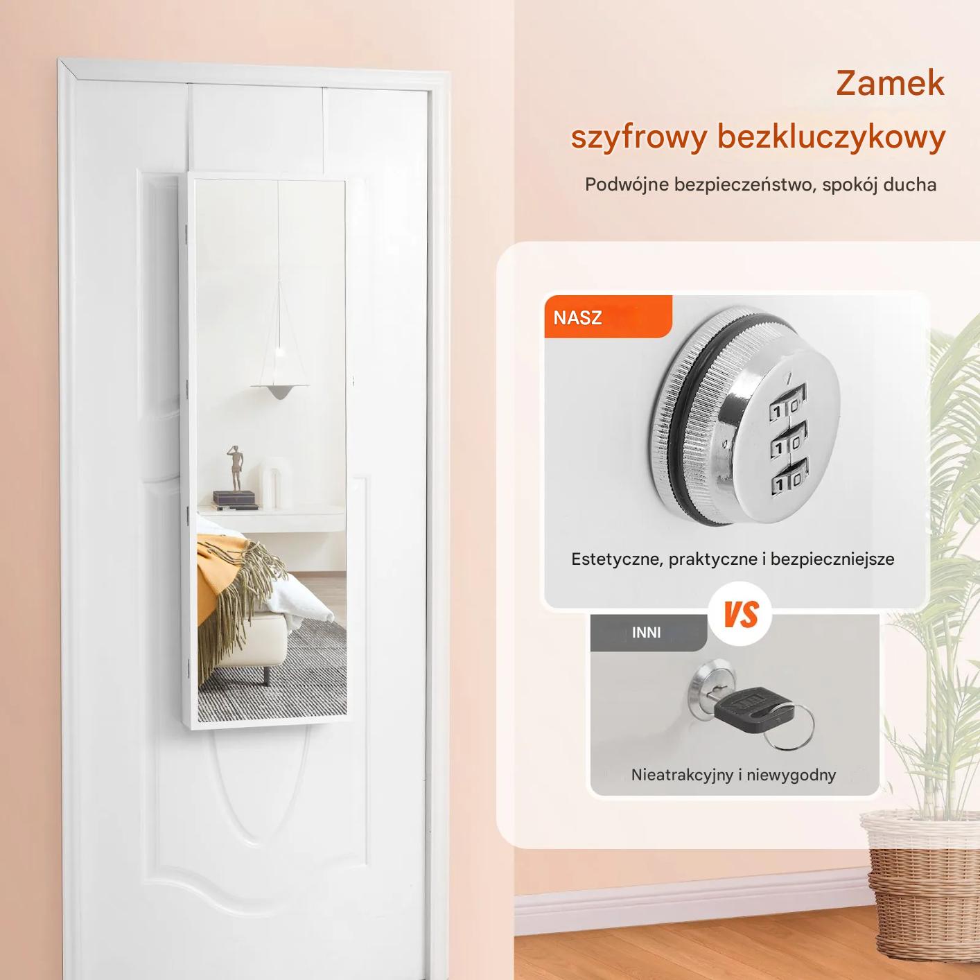 Szafa na biżuterię z lustrem LED 119 cm montaż ścienny zamykana biała - obrazek 4