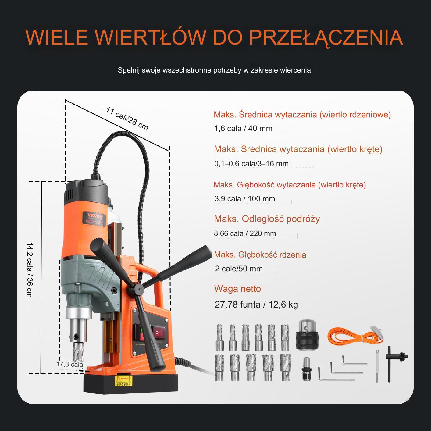 Wiertarka magnetyczna 1450W 12500N 850RPM 11 koronek w zestawie - obrazek 2