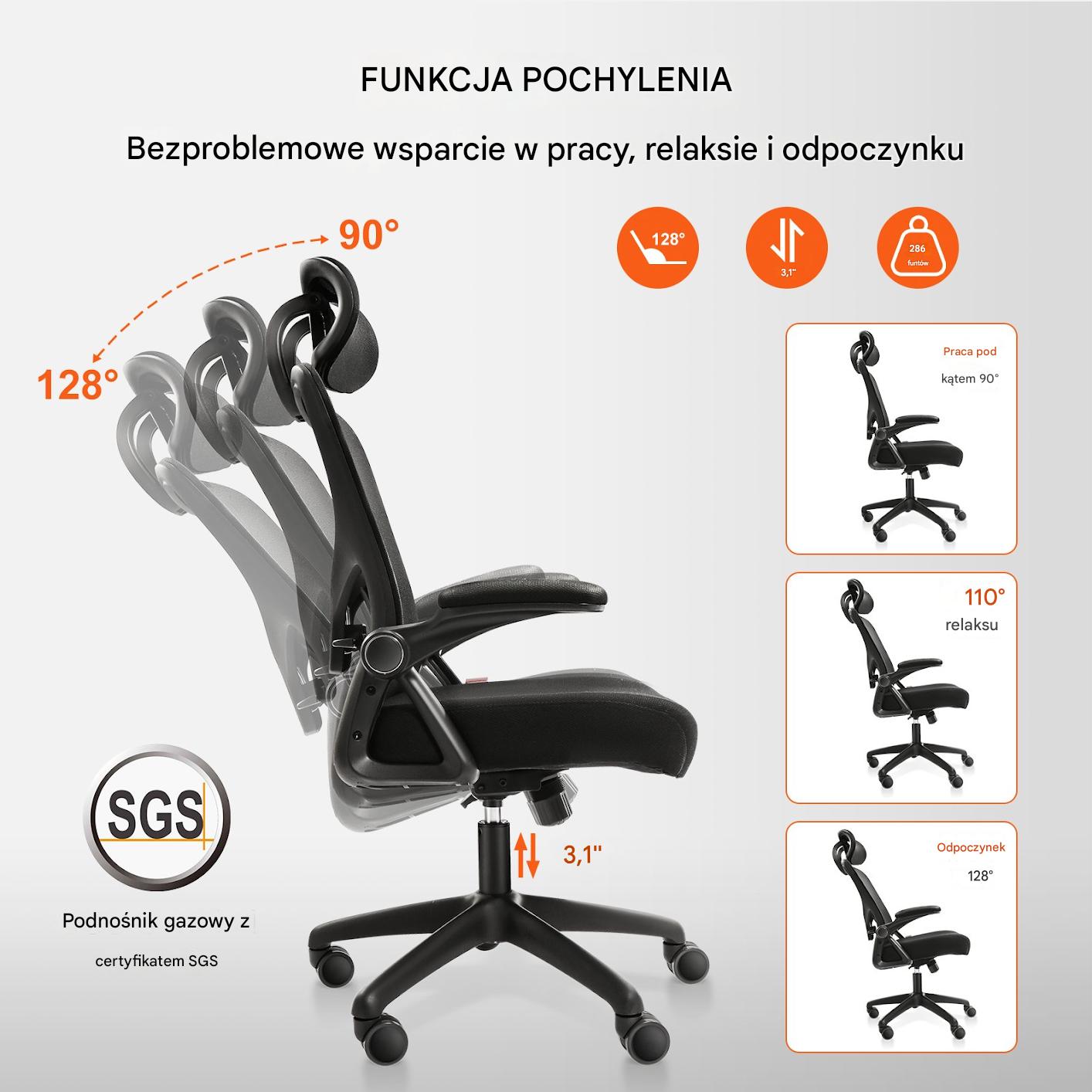 Krzesło biurowe ergonomiczne wysokie – regulacja lędźwi podłokietniki - obrazek 2