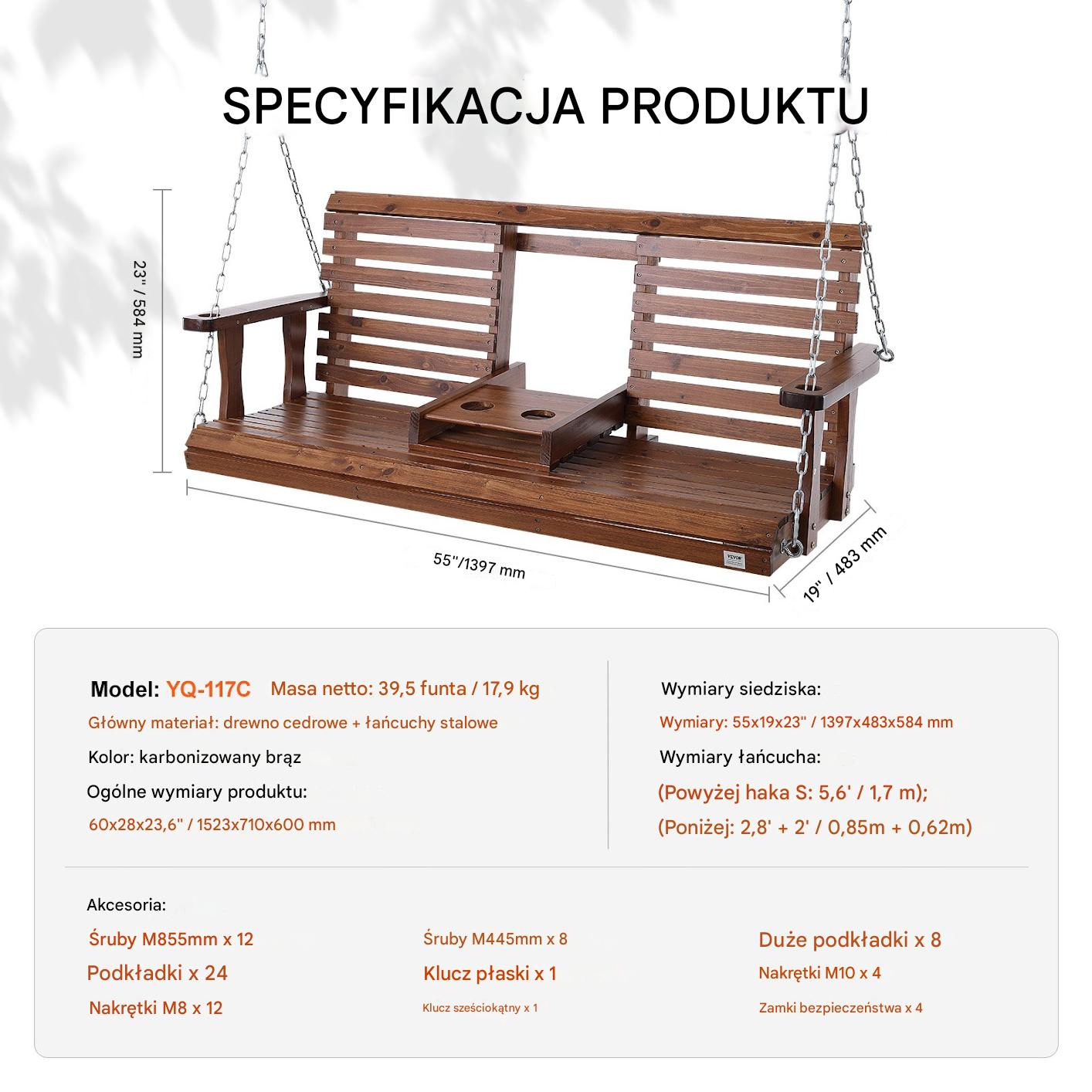 Drewniana huśtawka ogrodowa wisząca na taras werandę 152 cm - obrazek 2