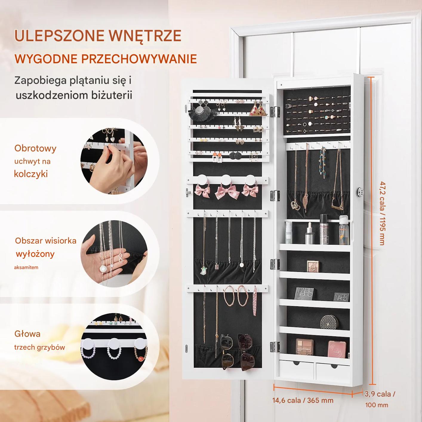 Szafa na biżuterię z lustrem LED 119 cm montaż ścienny zamykana biała - obrazek 5
