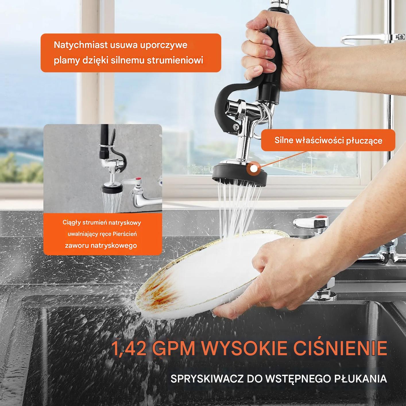 Bateria kuchenna z wylewką i prysznicem 66 cm mosiężna profesjonalna - obrazek 6