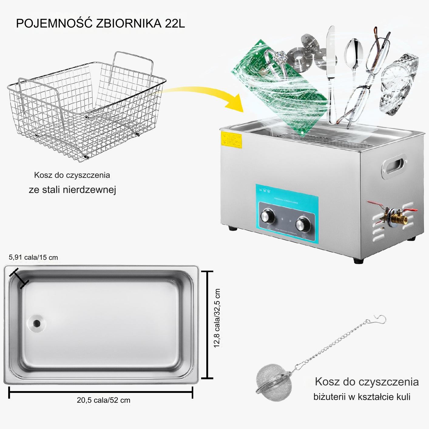 Myjka Ultradźwiękowa do czyszczenia biżuterii narzędzi 22 L 300W - obrazek 2
