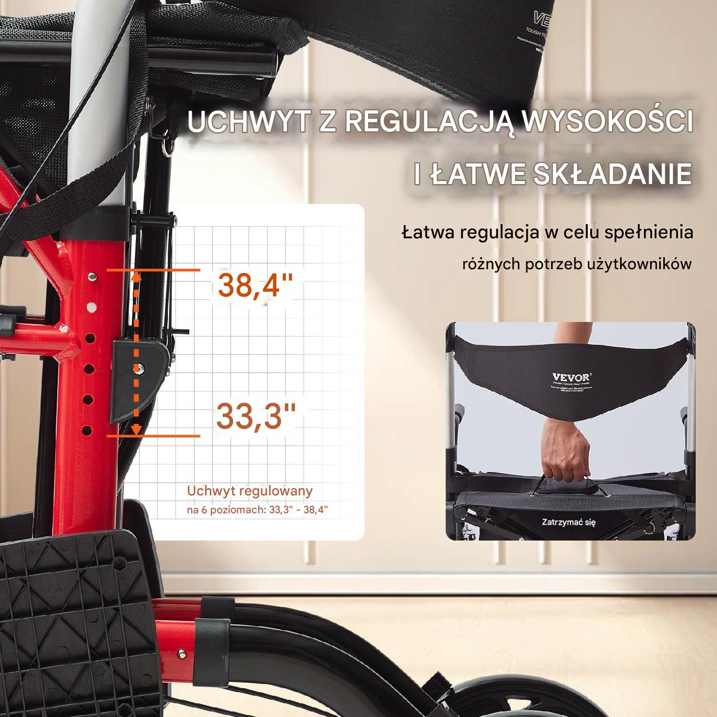 Wózek inwalidzki i Krzesło Transportowe 2 w 1 Czerwone - obrazek 4