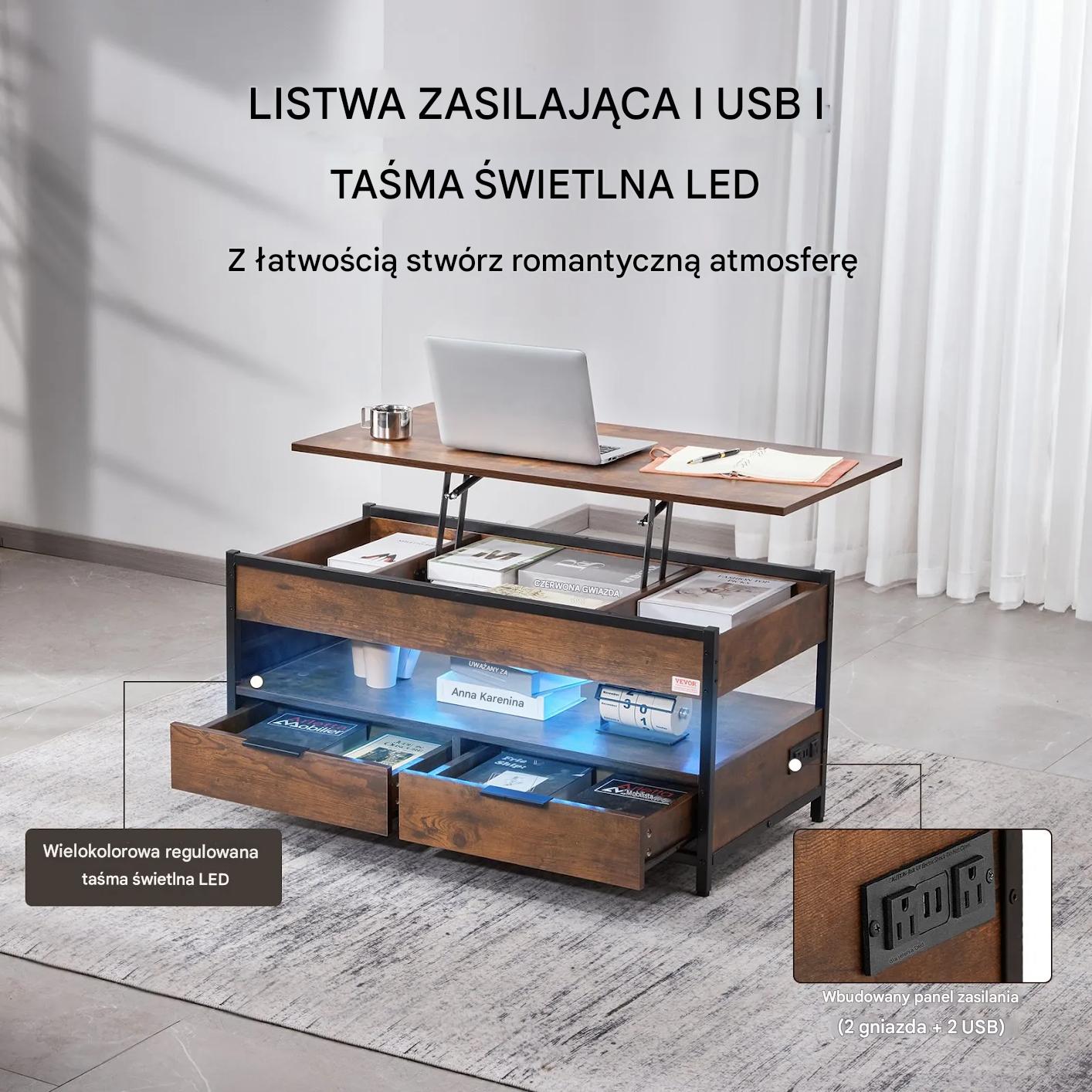 Stolik kawowy ława z podnoszonym blatem schowkiem + szuflady - obrazek 3