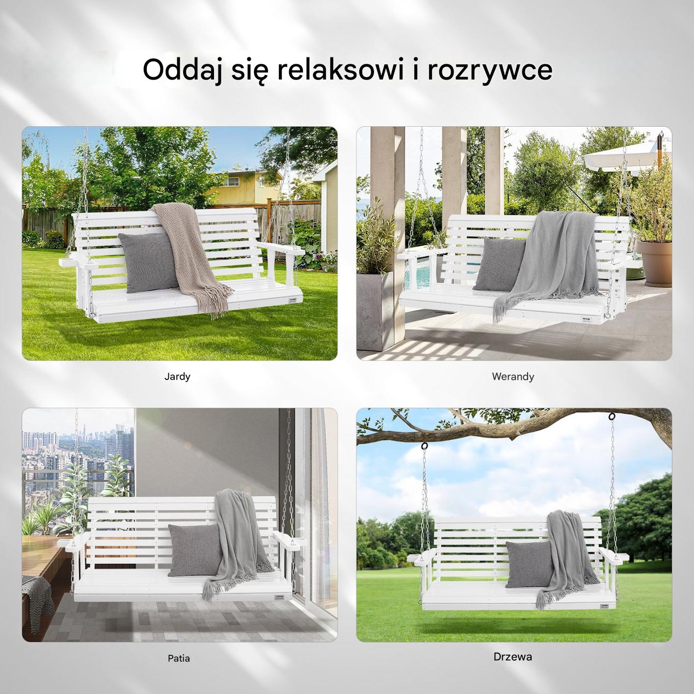 Drewniana huśtawka ogrodowa wisząca na taras werandę biała 170 cm - obrazek 7