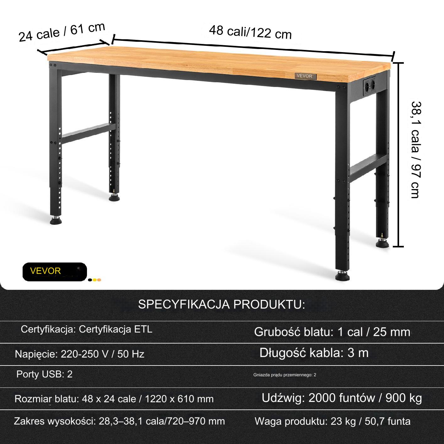 Stół warsztatowy stolarski roboczy 122 x 61 cm regulowany 900 kg premium - obrazek 2
