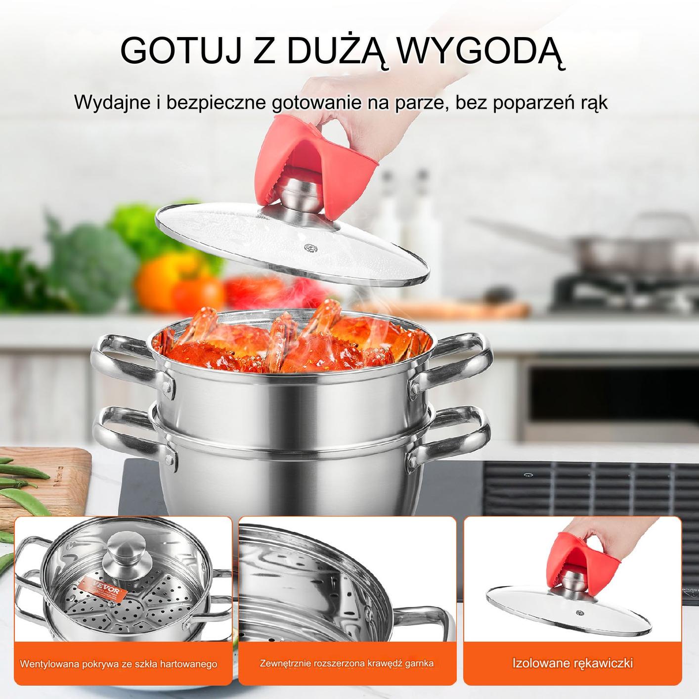 Garnek parowy 2w1 ze stali nierdzewnej 22 cm – 3L z pokrywką i rękawicami - obrazek 5