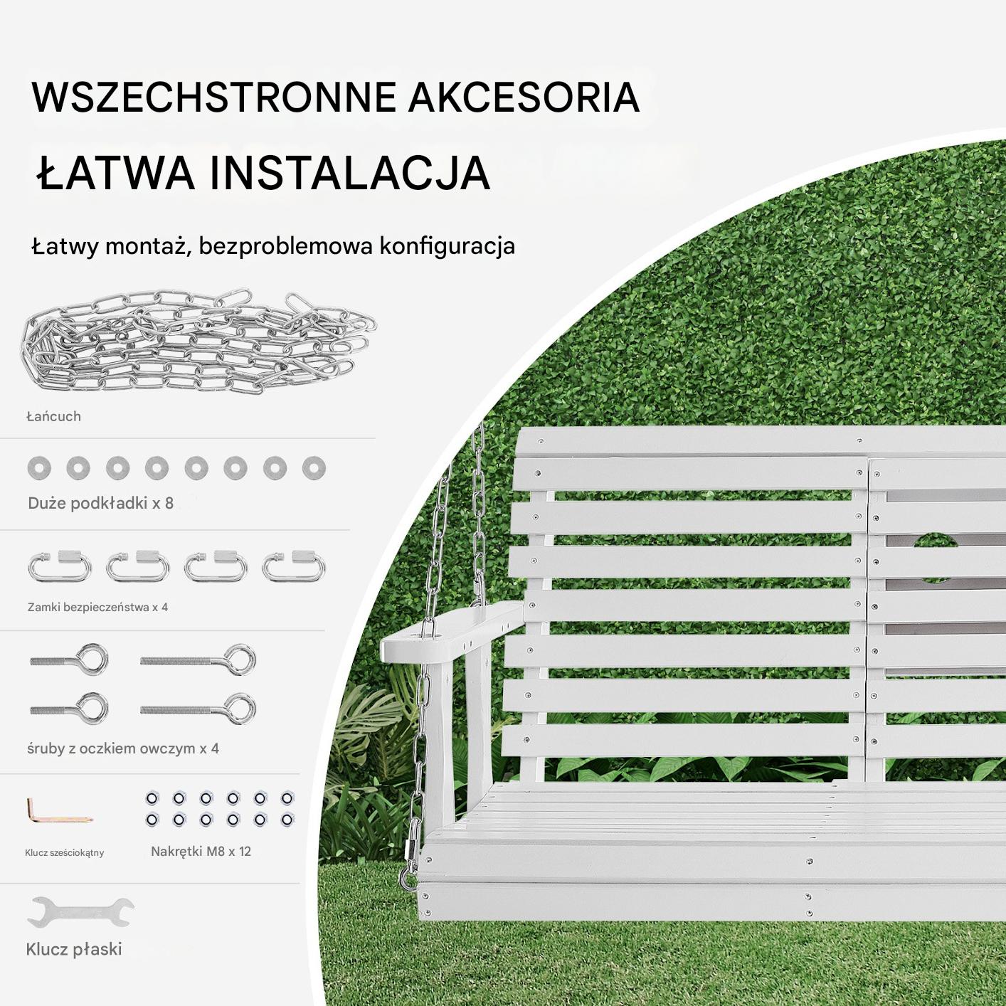 Drewniana huśtawka ogrodowa wisząca na taras werandę biała 152 cm - obrazek 3