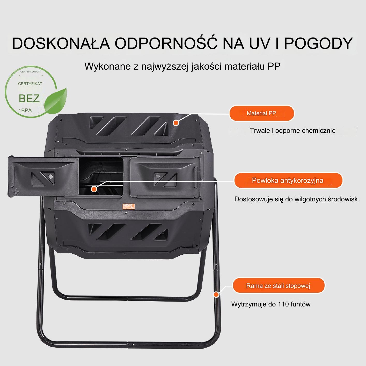 Kompostownik obrotowy dwukomorowy na stelażu bębnowy 163 L - obrazek 5
