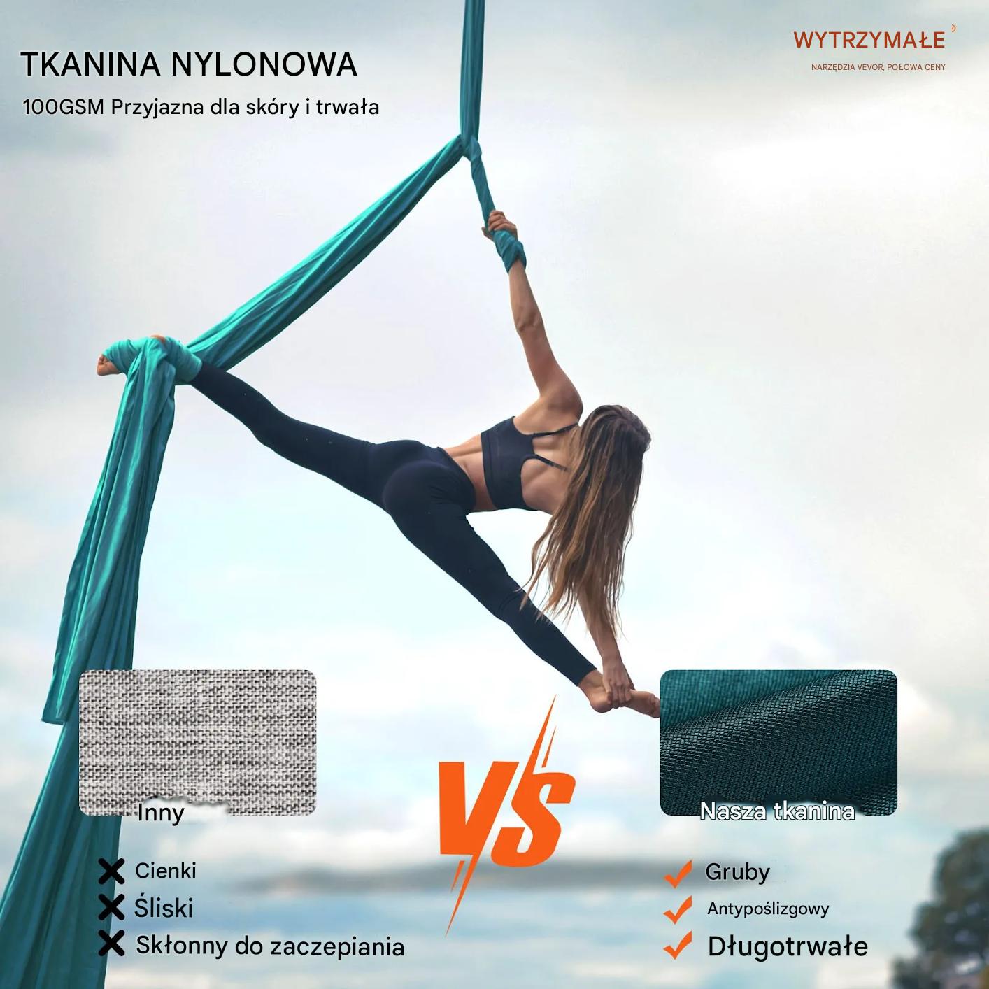 Hamak aerial yoga 5m z osprzętem 100gsm nylon do treningu zielony - obrazek 3