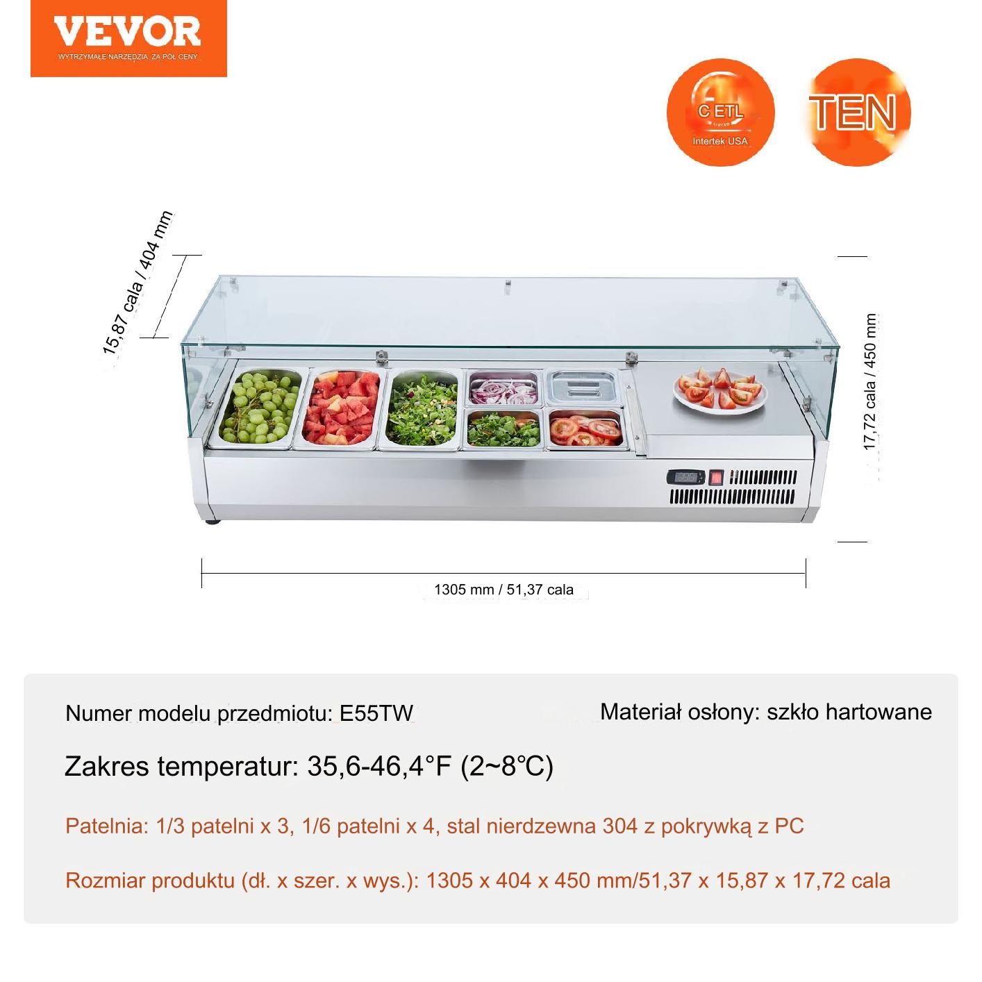 Lada chłodnicza do sałatek 130cm 7 pojemników szklana witryna 150W - obrazek 2