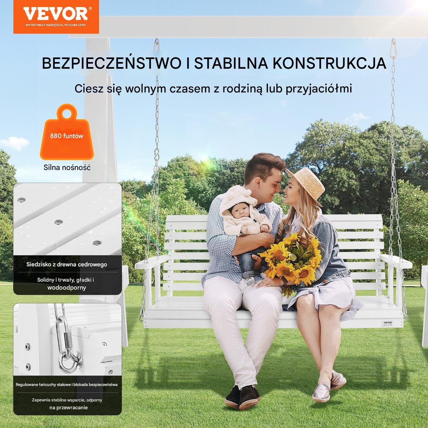Drewniana huśtawka ogrodowa wisząca na taras werandę biała 152 cm - obrazek 6