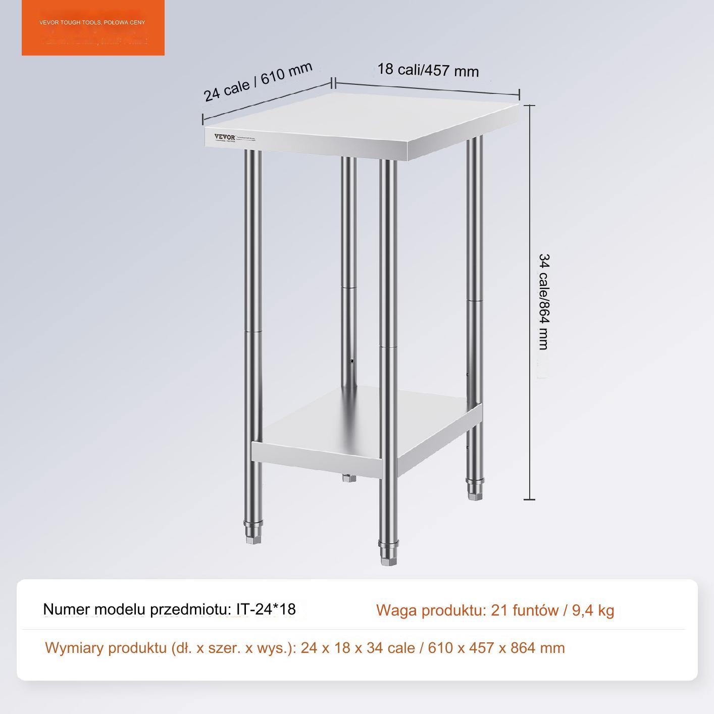 Stół gastronomiczny nierdzewny 60x45cm wolnostojący z półką do kuchni - obrazek 2