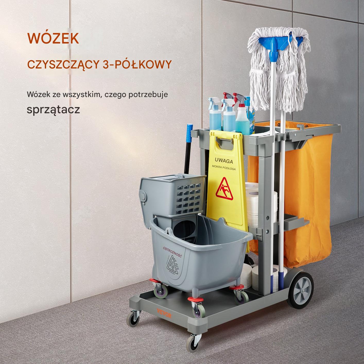Szary wózek do sprzątania 3-poziomowy z workiem na odpady - obrazek 7