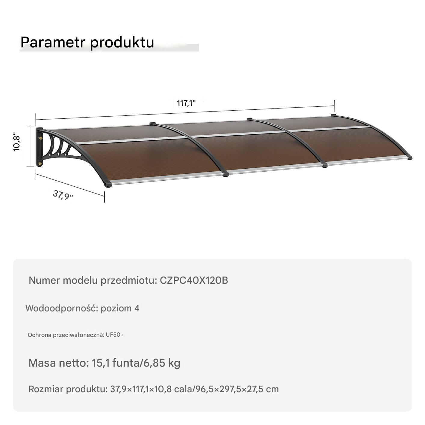 Daszek nad drzwi zadaszenie poliwęglan brązowy 96.5 x 297.5 cm - obrazek 2