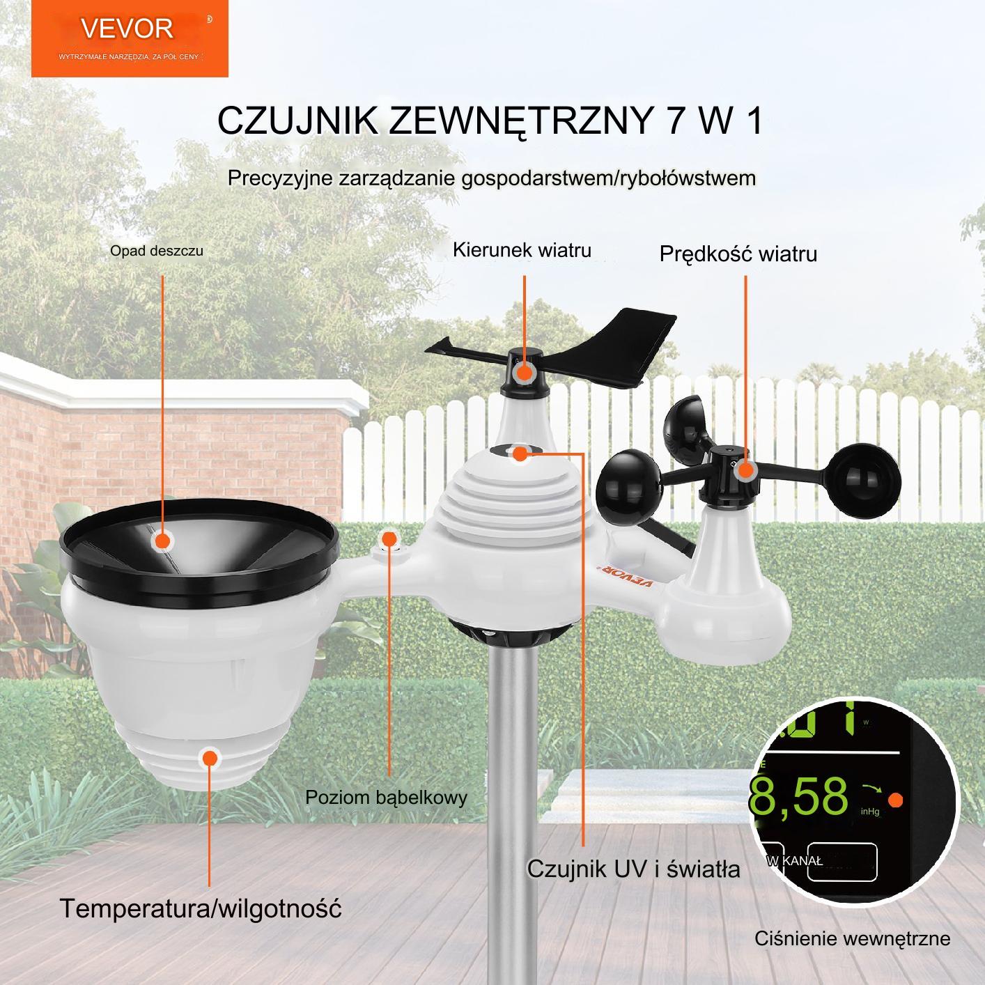 Stacja meteorologiczna 7w1 pogodowa zasięg 150 m czujnik wiatru/deszczu/UV - obrazek 7