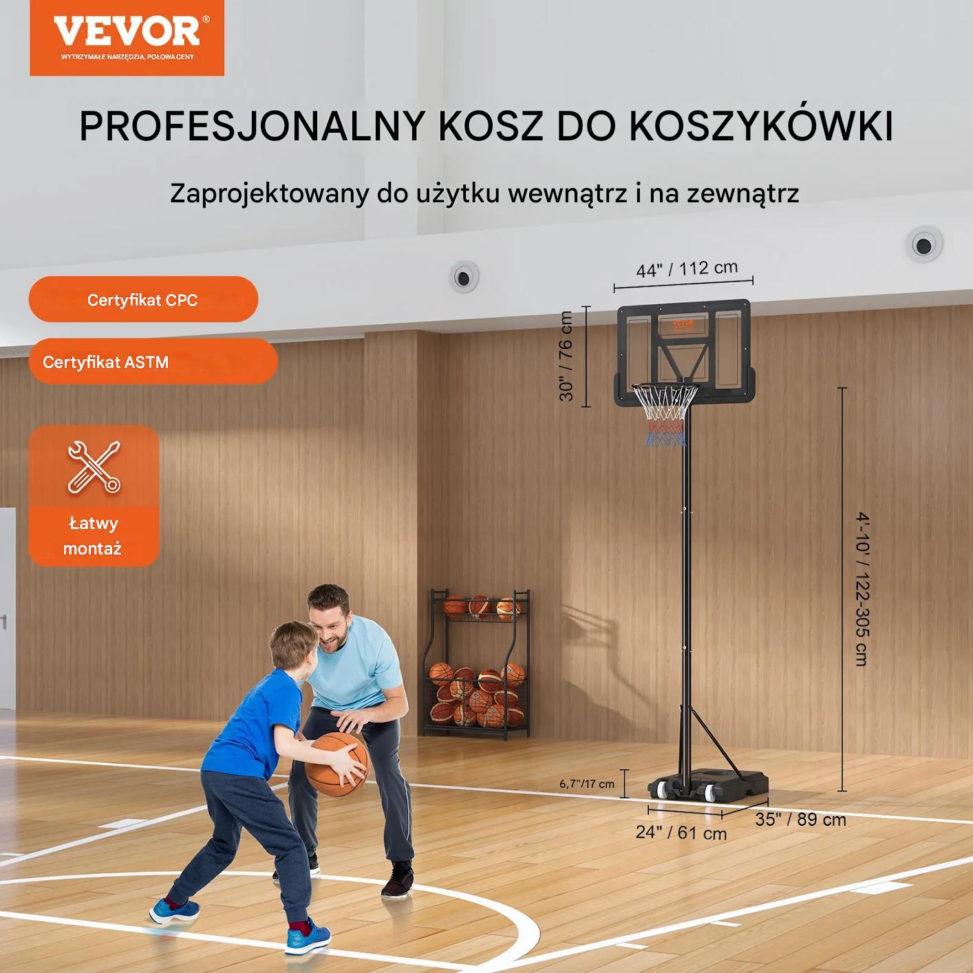 Kosz do koszykówki 122-305 cm regulowany przenośny dla dzieci i dorosłych - obrazek 2