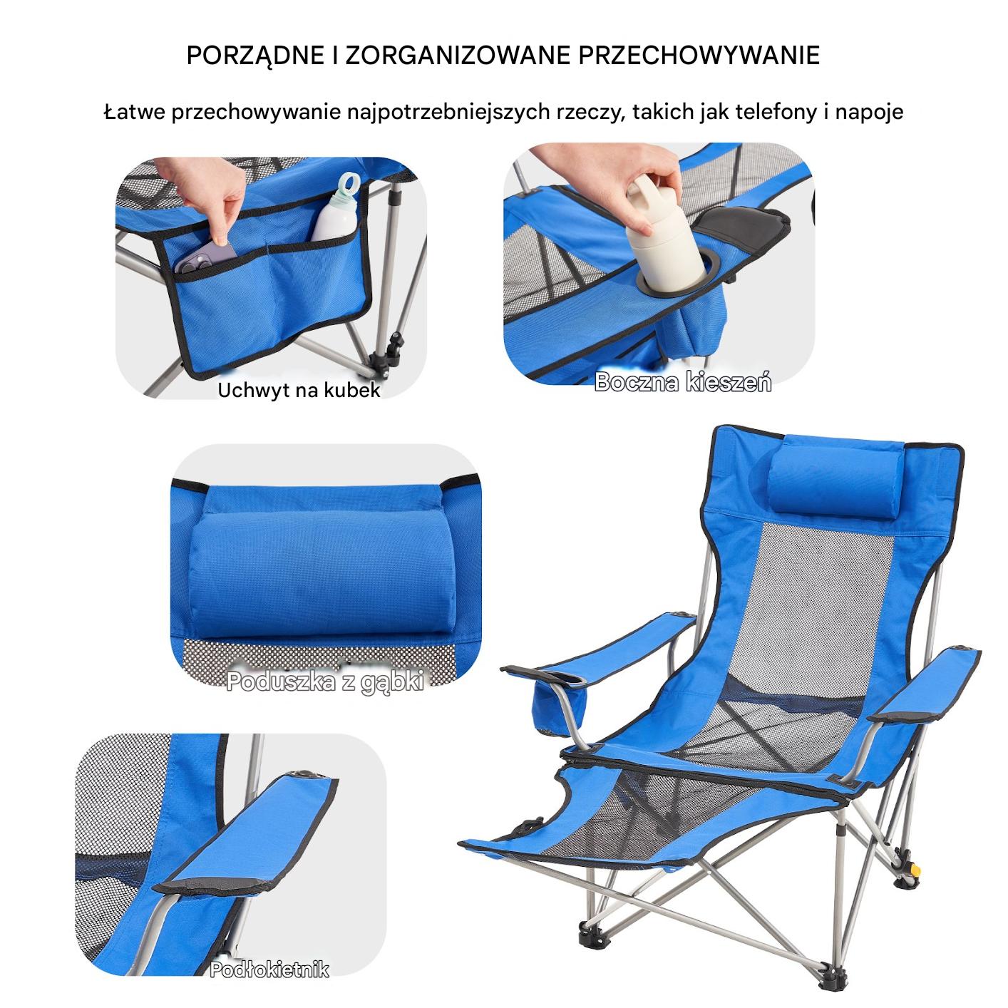 Składane Krzesło Kempingowe z Podnóżkiem Niebieskie - obrazek 6