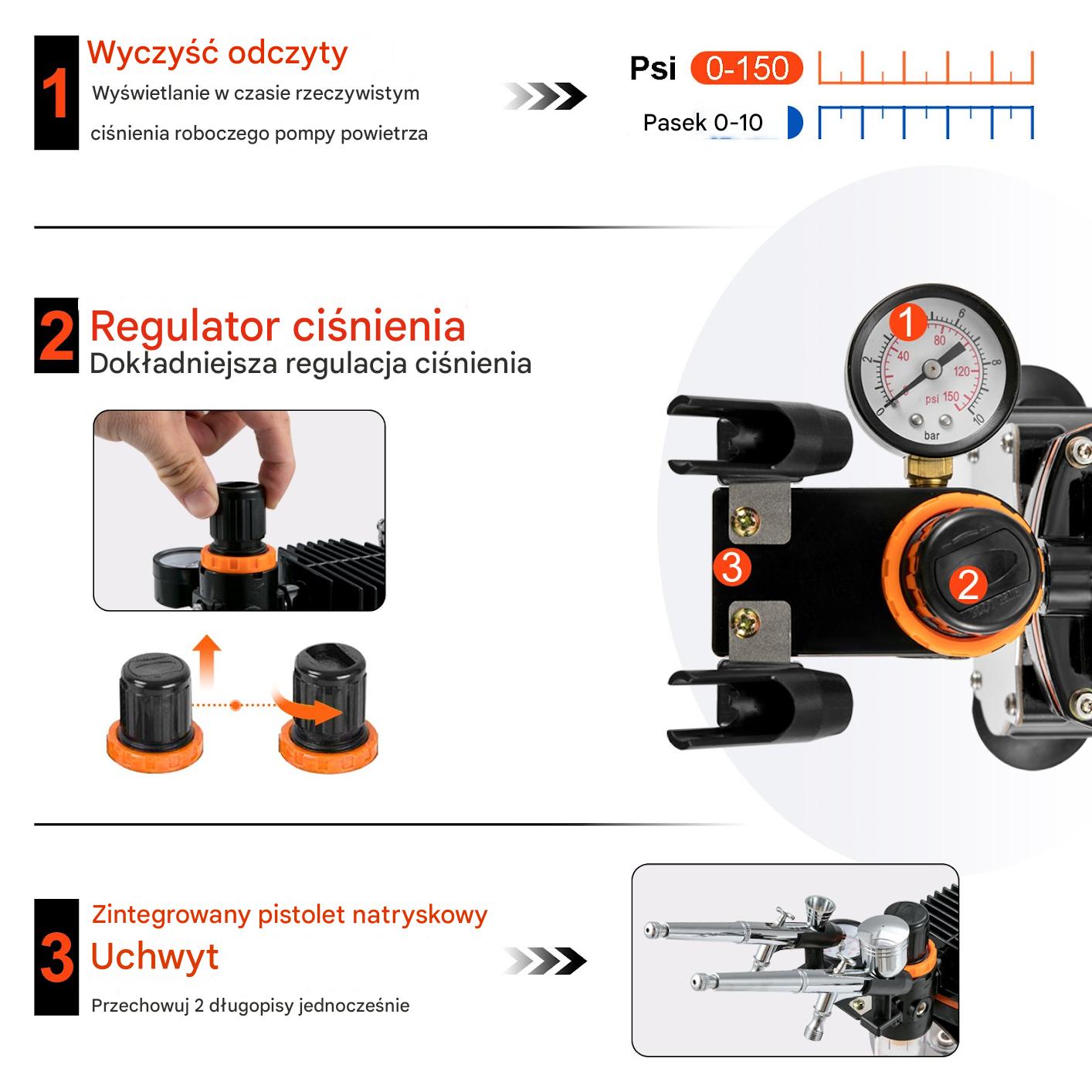 Aerograf do makijażu i modelarstwa, 3 dysze, kompresor 120W, 43-57 dB - obrazek 4