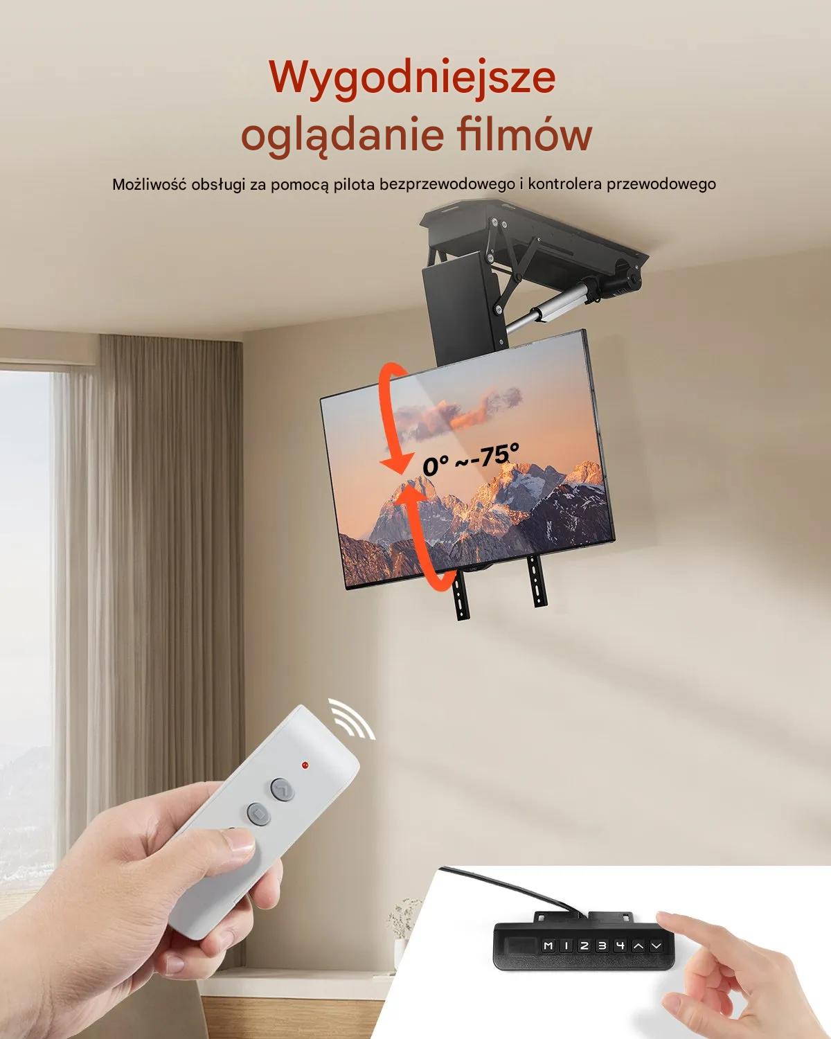 Uchwyt TV sufitowy 32–70" elektryczny regulowany flip-down VESA do zabudowy - obrazek 6
