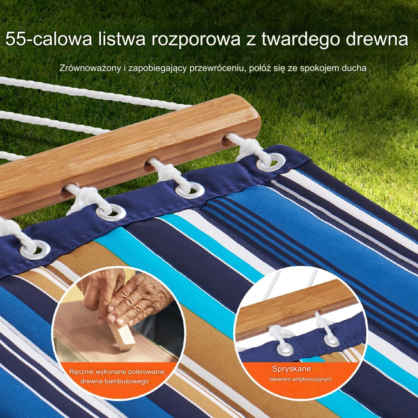 Hamak ogrodowy ze stelażem i drążkiem duży mocny dwuosobowy kolorowy - obrazek 4