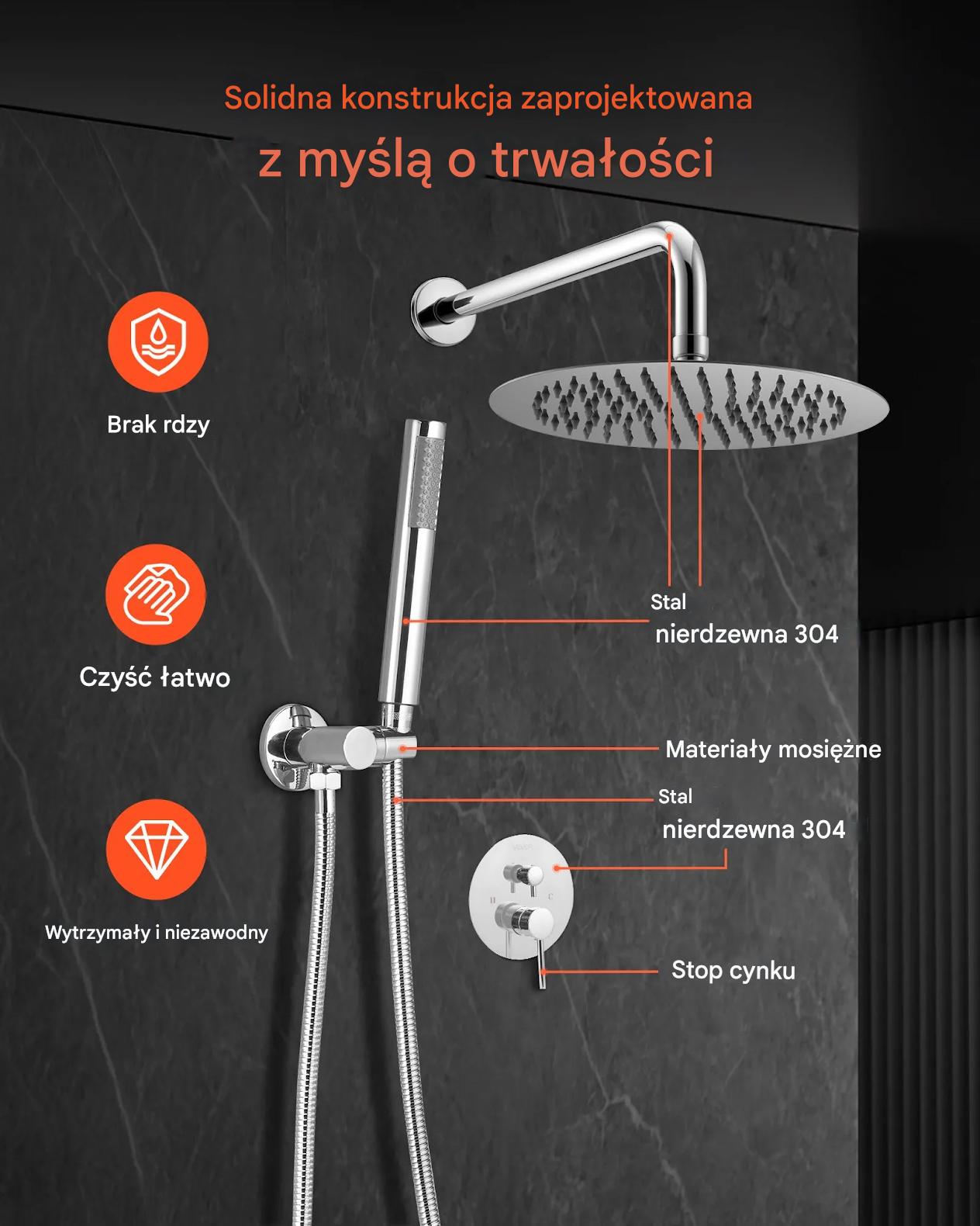 Zestaw prysznicowy deszczowy 25,4 cm okrągły z baterią ścienny chrom - obrazek 3