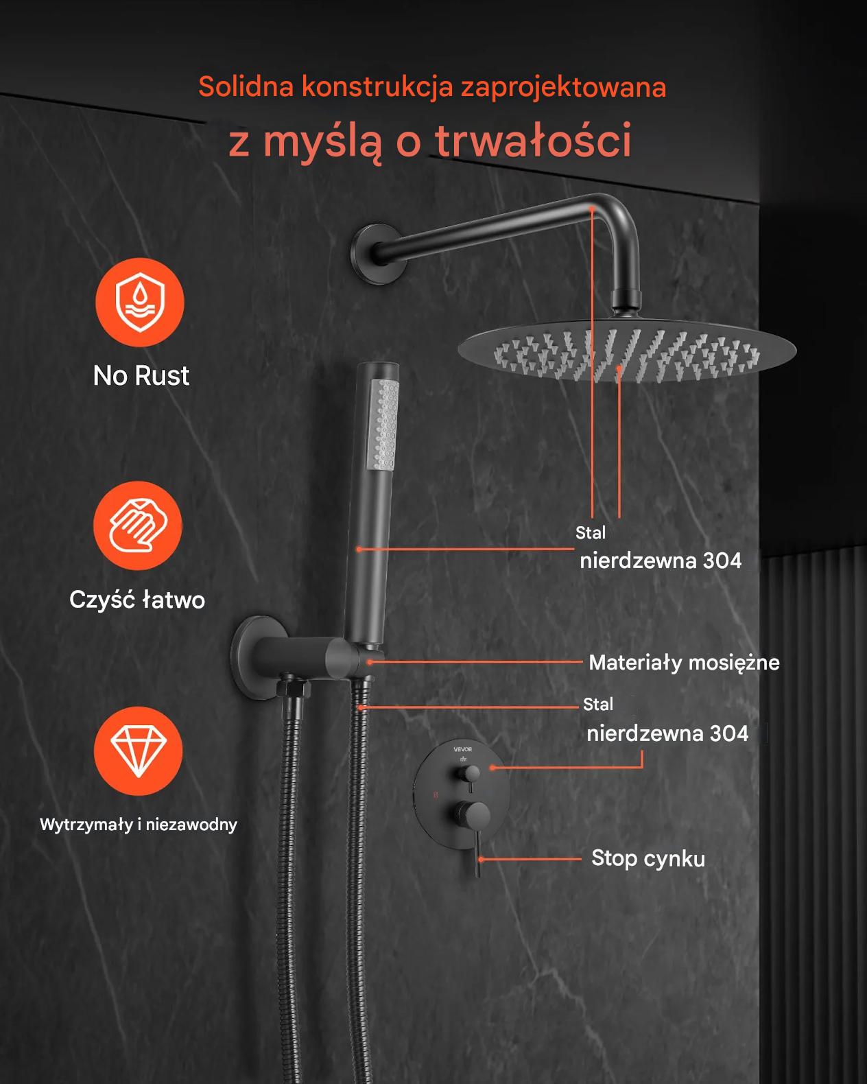 Zestaw prysznicowy deszczowy 25,4 cm okrągły z baterią ścienny czarny - obrazek 4