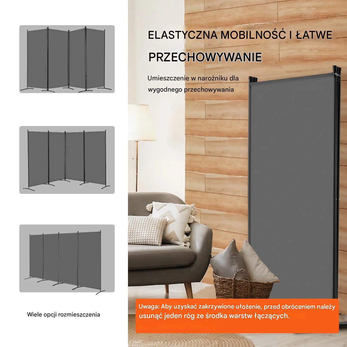 Parawan pokojowy 4-panelowy składany przegroda wolnostojąca szara biuro - obrazek 4