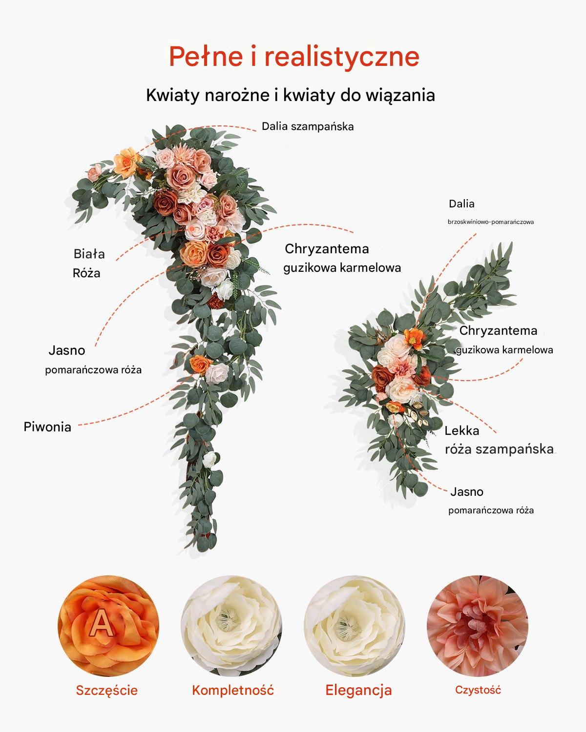 Dekoracja Ślubna - Komplet Kwiatów i Tkanin na Łuk 5-Częściowy Pomarańczowy - obrazek 5