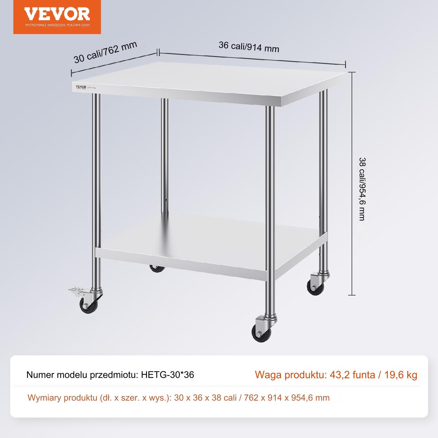 Stół blat roboczy nierdzewny 76x91cm 4 kółka stal gastronomia mobilny - obrazek 3