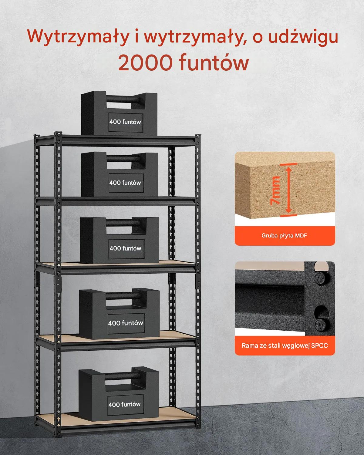 Regał magazynowy metalowy 5-poziomowy 907 kg - regulowane garaż piwnica - obrazek 4