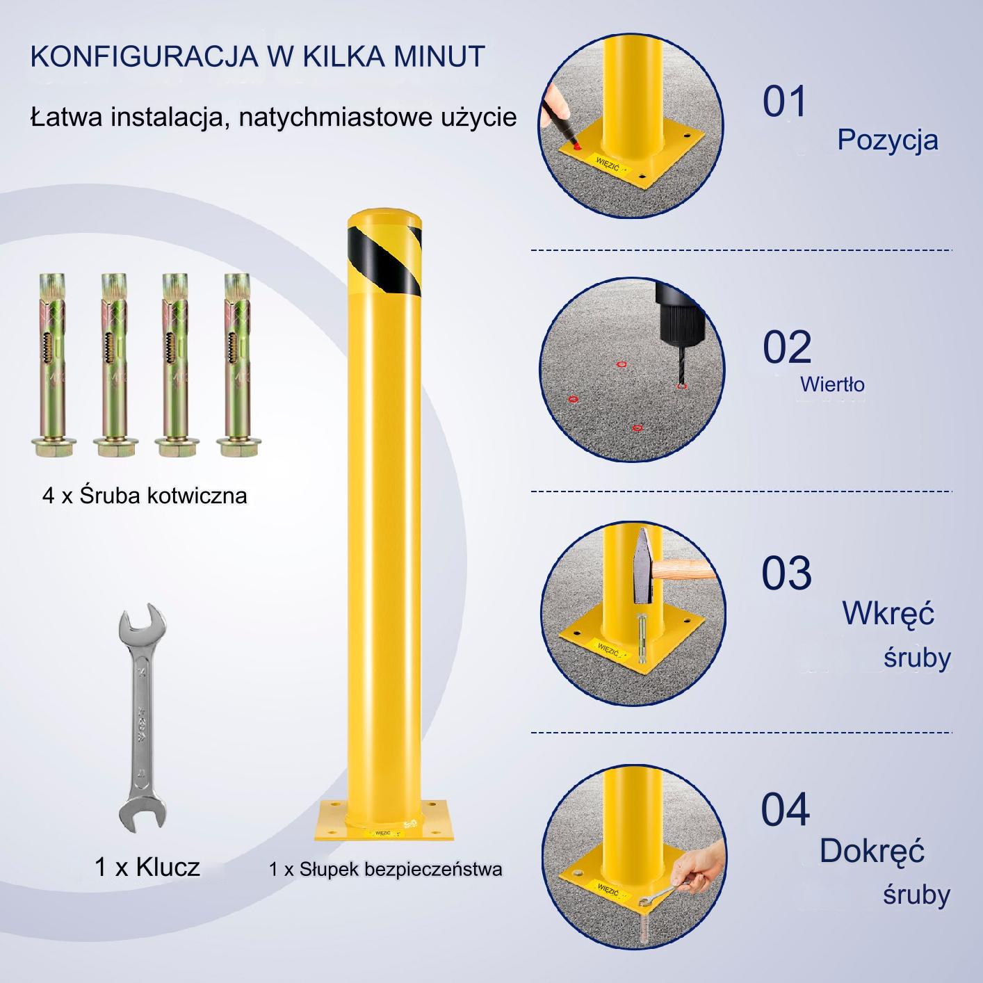 Słupek stalowy ochronny 91cm żółty z kotwami do stref ruchu - obrazek 4