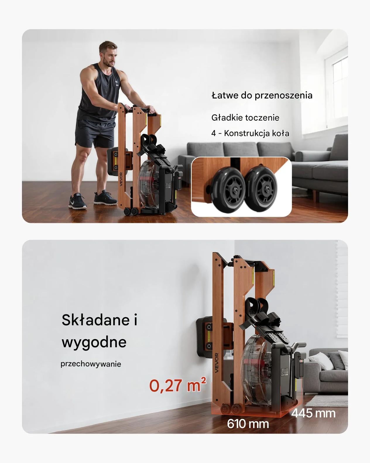 Wioślarz wodny drewniany składany 6 poziomów oporu LCD trening domowy - obrazek 7