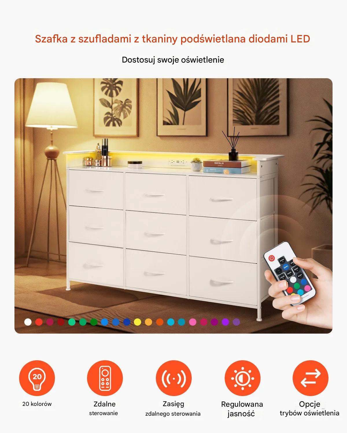 Komoda 9 szuflad materiałowa metal LED gniazdko - do sypialni, garderoby - obrazek 5