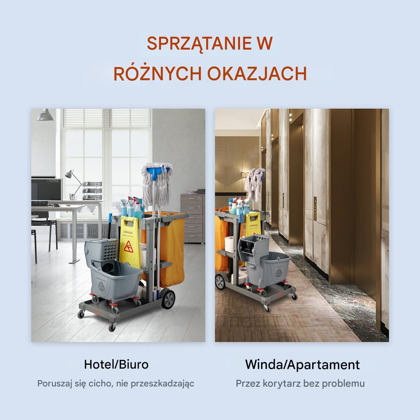 Szary wózek do sprzątania 3-poziomowy z workiem na odpady - obrazek 3