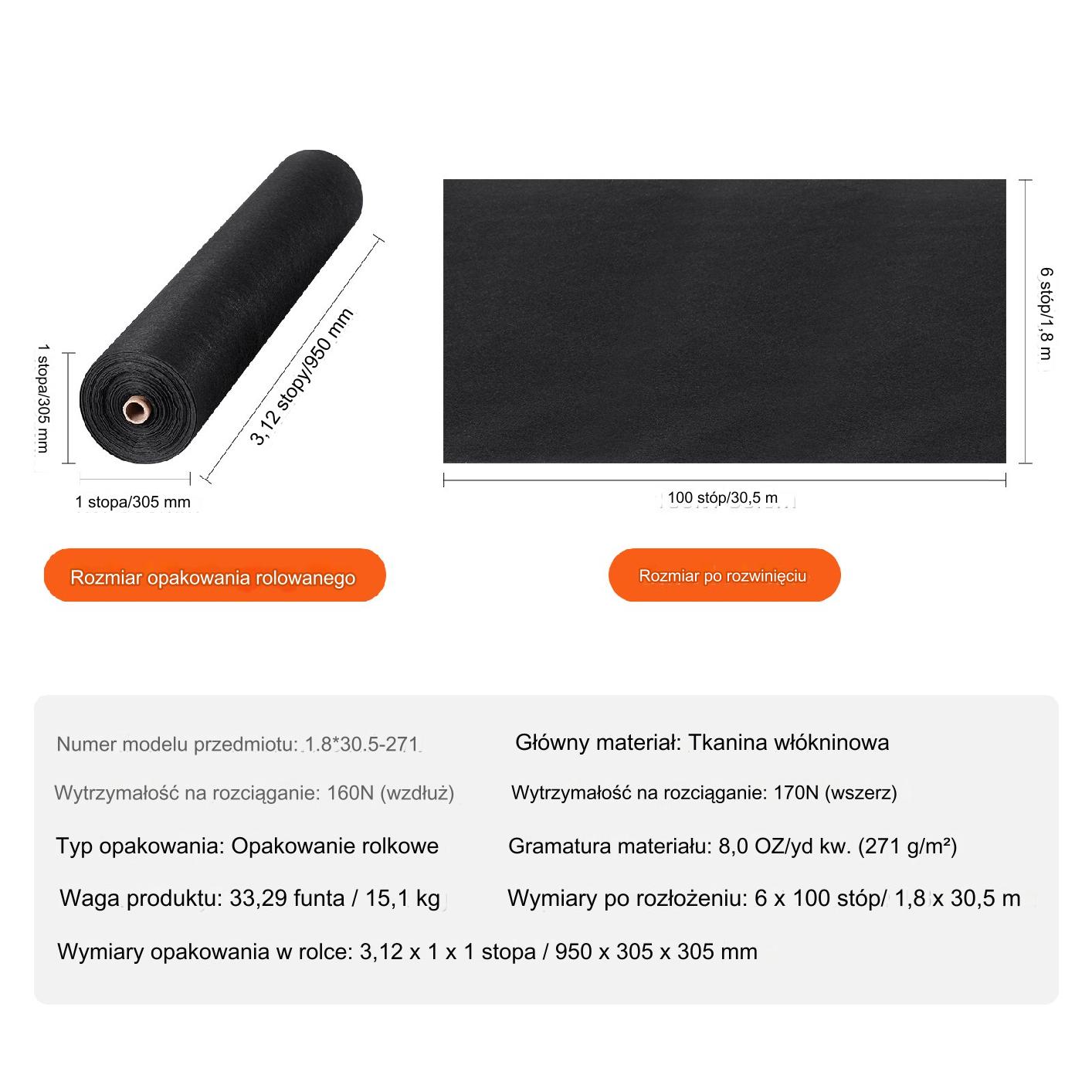 Geowłóknina 1,8x30,5 m 271g/m² czarna pod żwir drogowa przeciw chwastom - obrazek 2