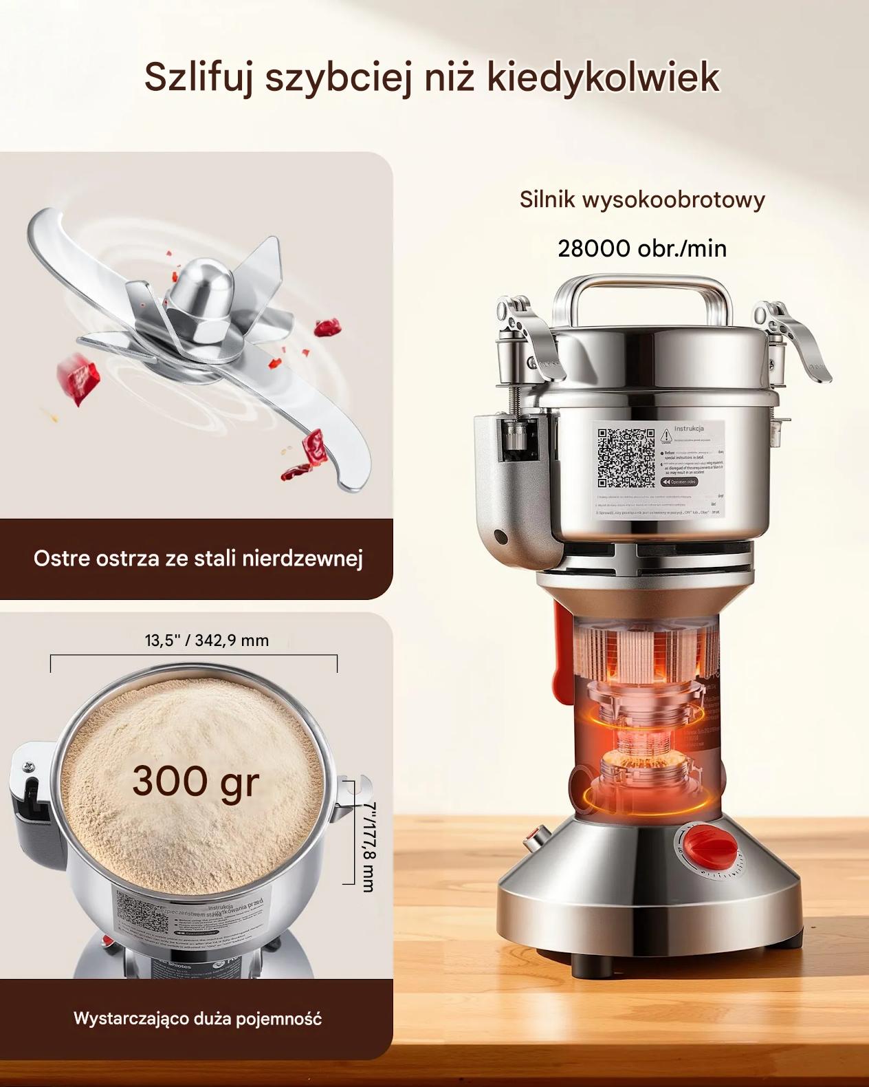 Młynek elektryczny 300g 1500W do zbóż i przypraw stalowy straight - obrazek 5