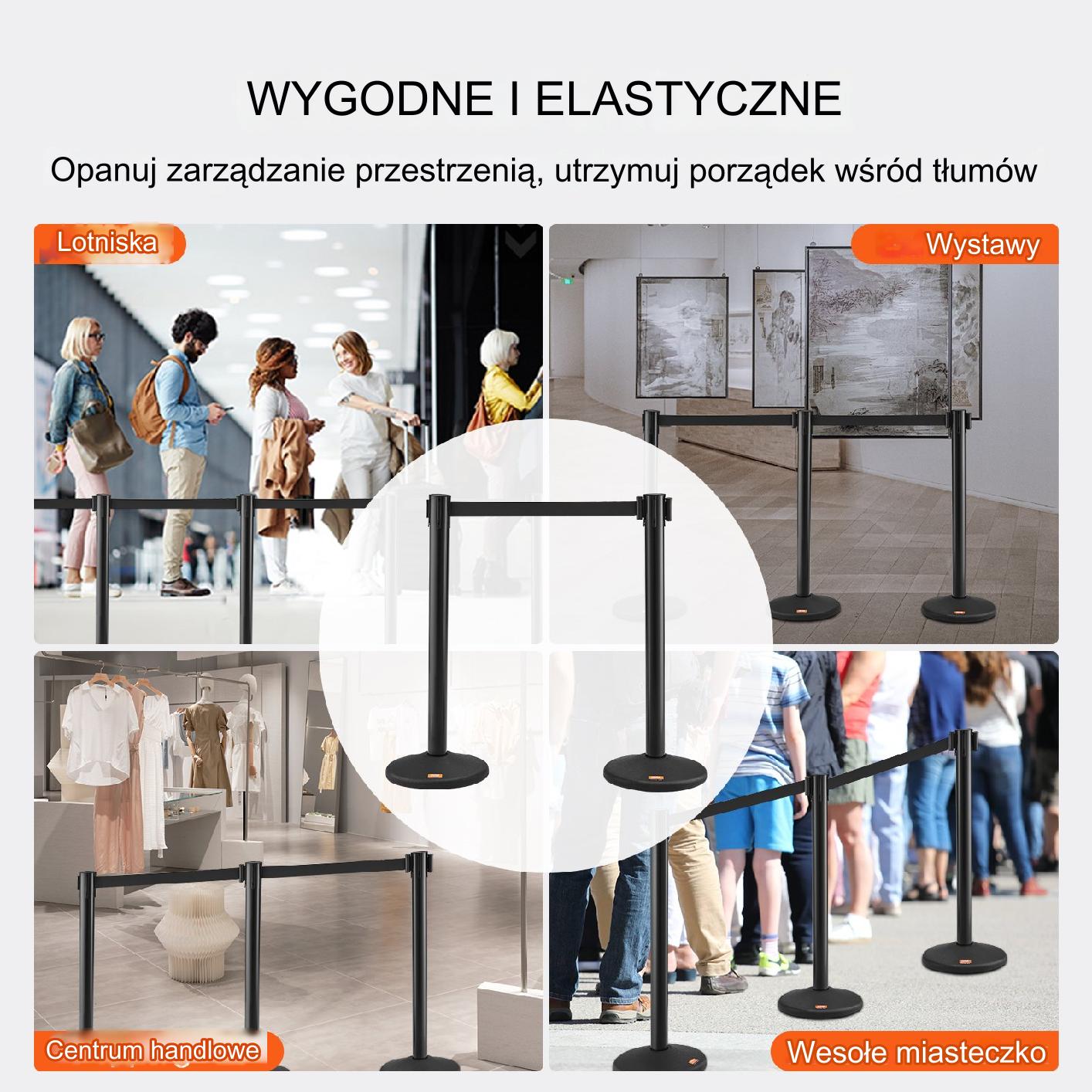 Słupki odgradzające hotelowe 6 sztuk z taśmą 2 m barierka kolejkowa czarne - obrazek 4