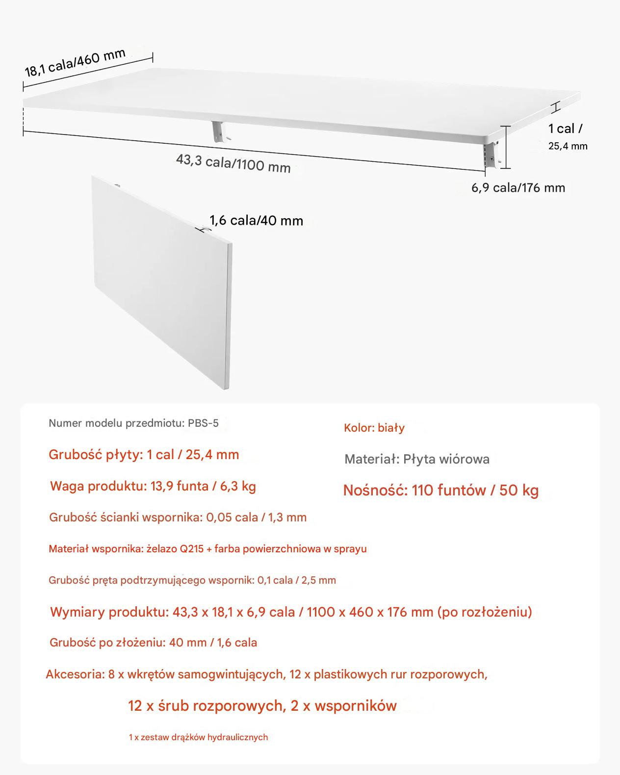 Stół ścienny Stolik składany Biurko składane wiszące 110 x 46 cm - obrazek 2