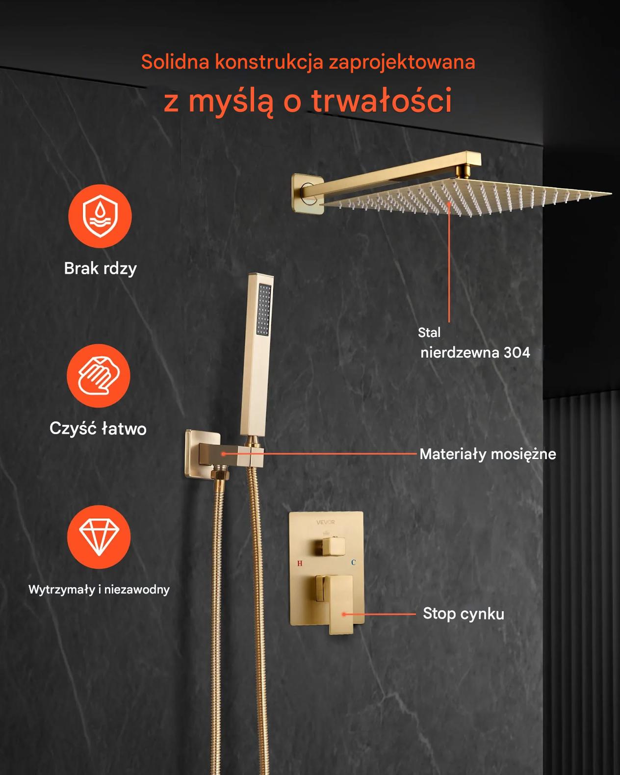 Zestaw prysznicowy deszczownica 30 cm z rączką mosiądz złoty montaż ścienny - obrazek 7