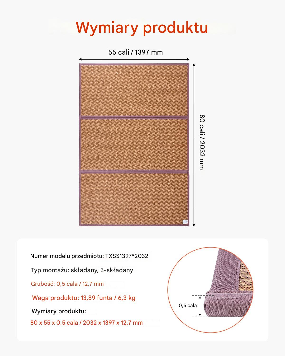 Materac Tatami Japoński Składany z Naturalnej Rattanu – 2032 x 1397 x 13 mm - obrazek 2