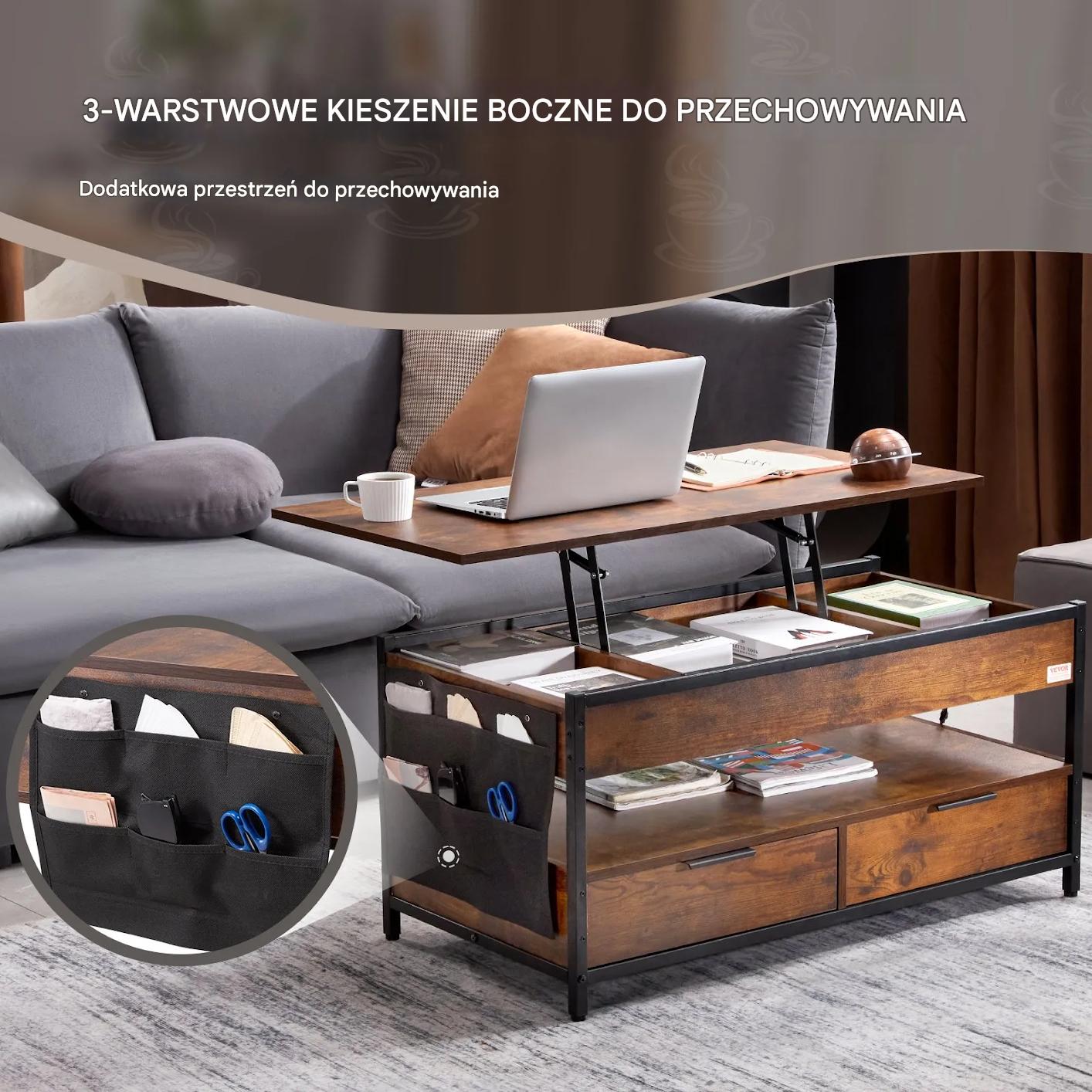 Stolik kawowy ława z podnoszonym blatem schowkiem + szuflady - obrazek 7