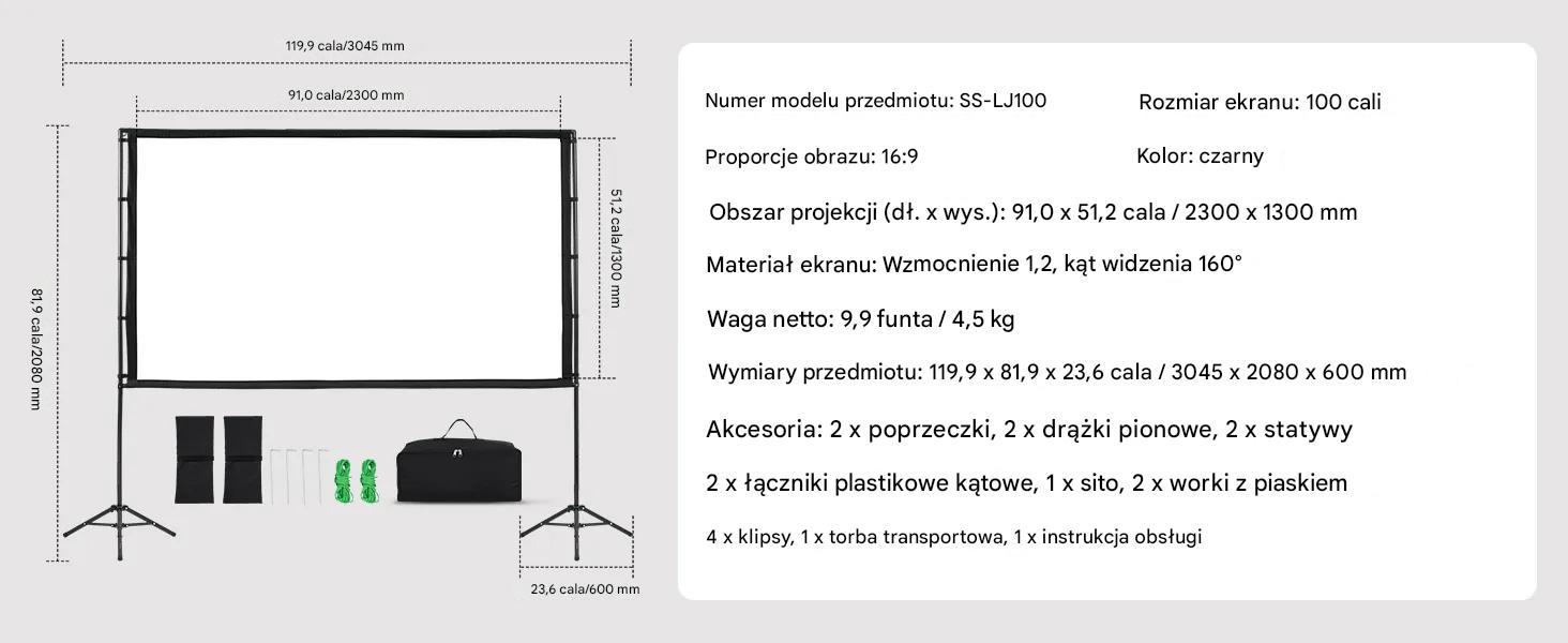 Ekran projekcyjny 100 cali z statywem 16:9 4K kino domowe plener - obrazek 2