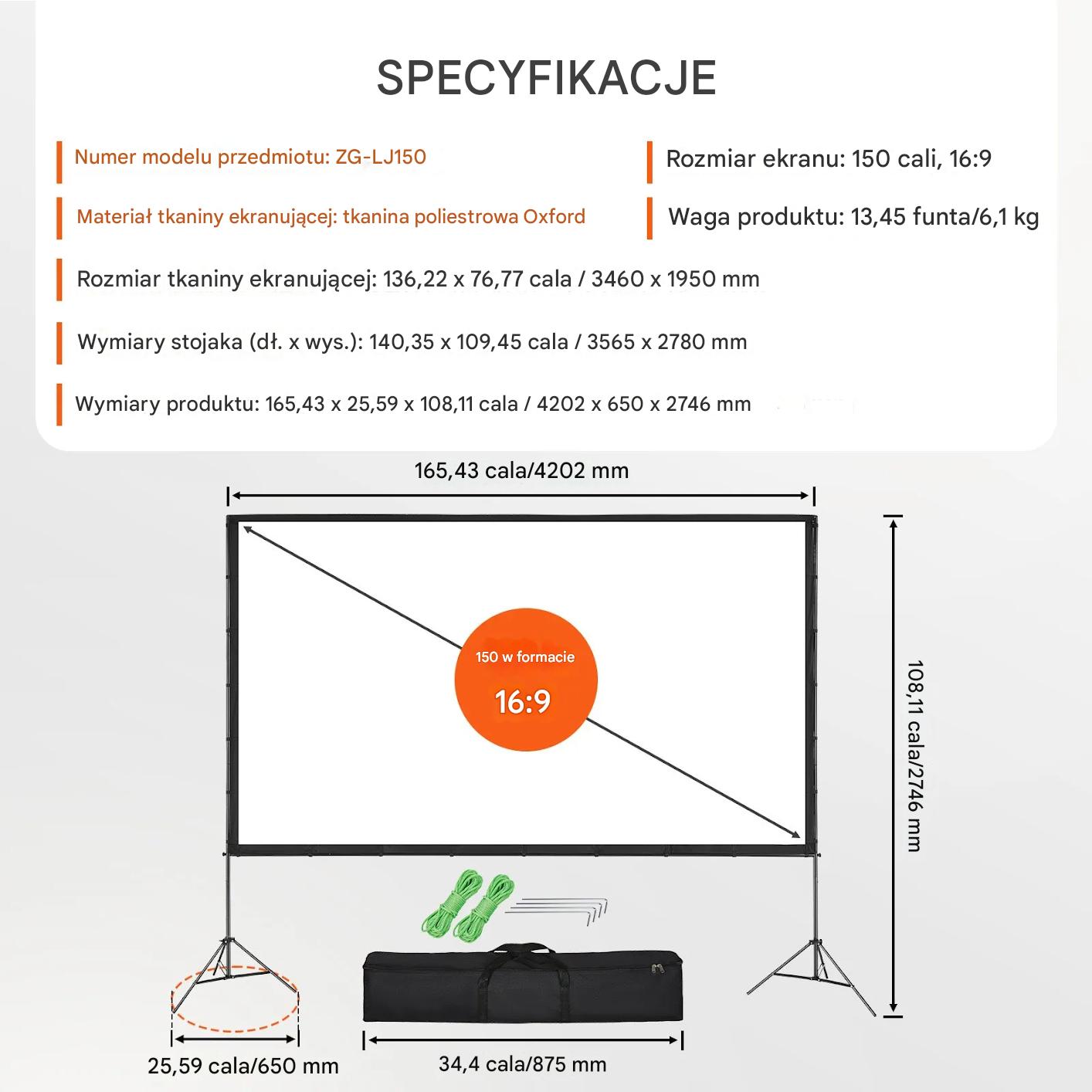 Ekran projekcyjny z statywem 150 cali 16:9 4K plener kino domowe - obrazek 2