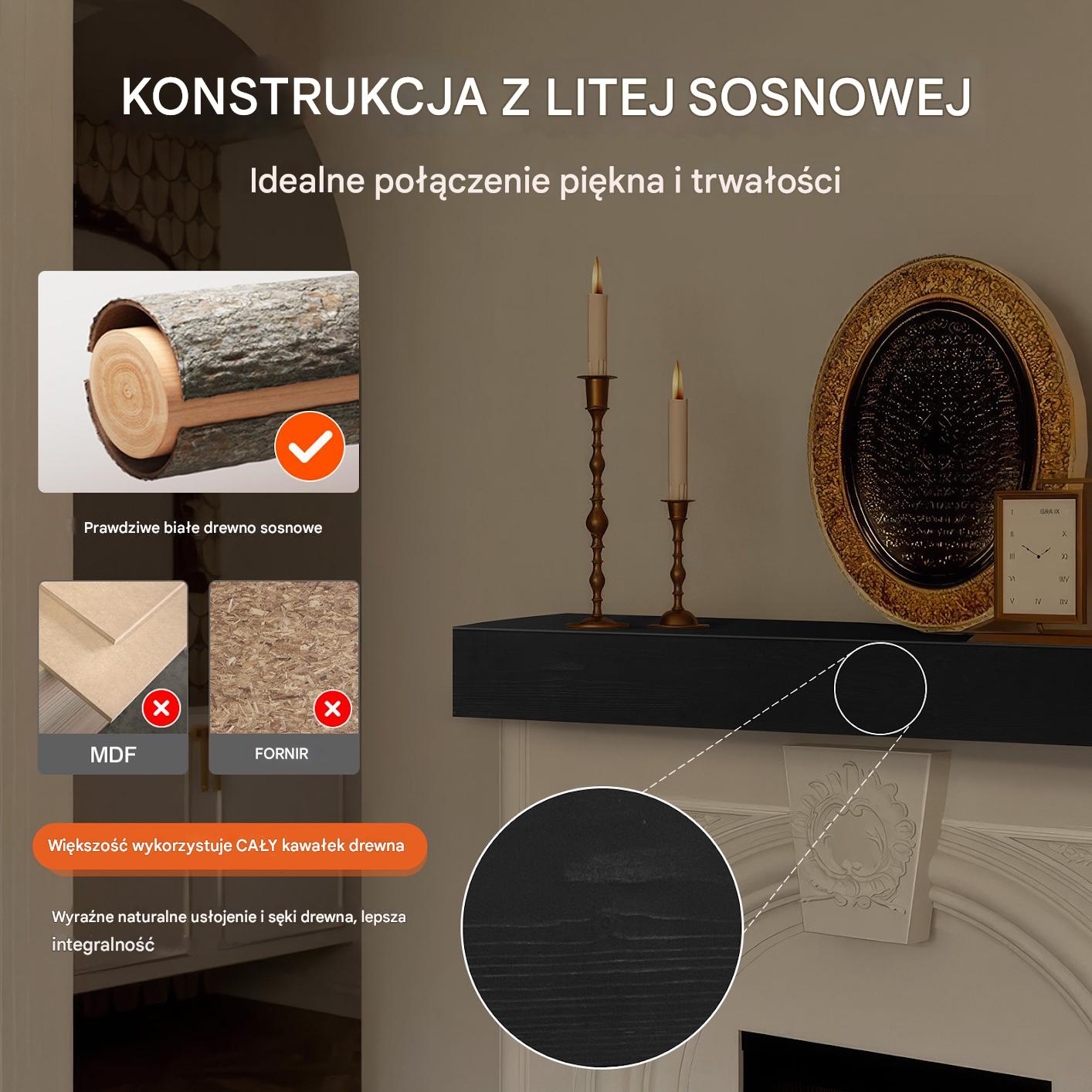 Półka na Kominek 121 cm Drewniana Sosnowa Wisząca do Salonu Espresso - obrazek 3