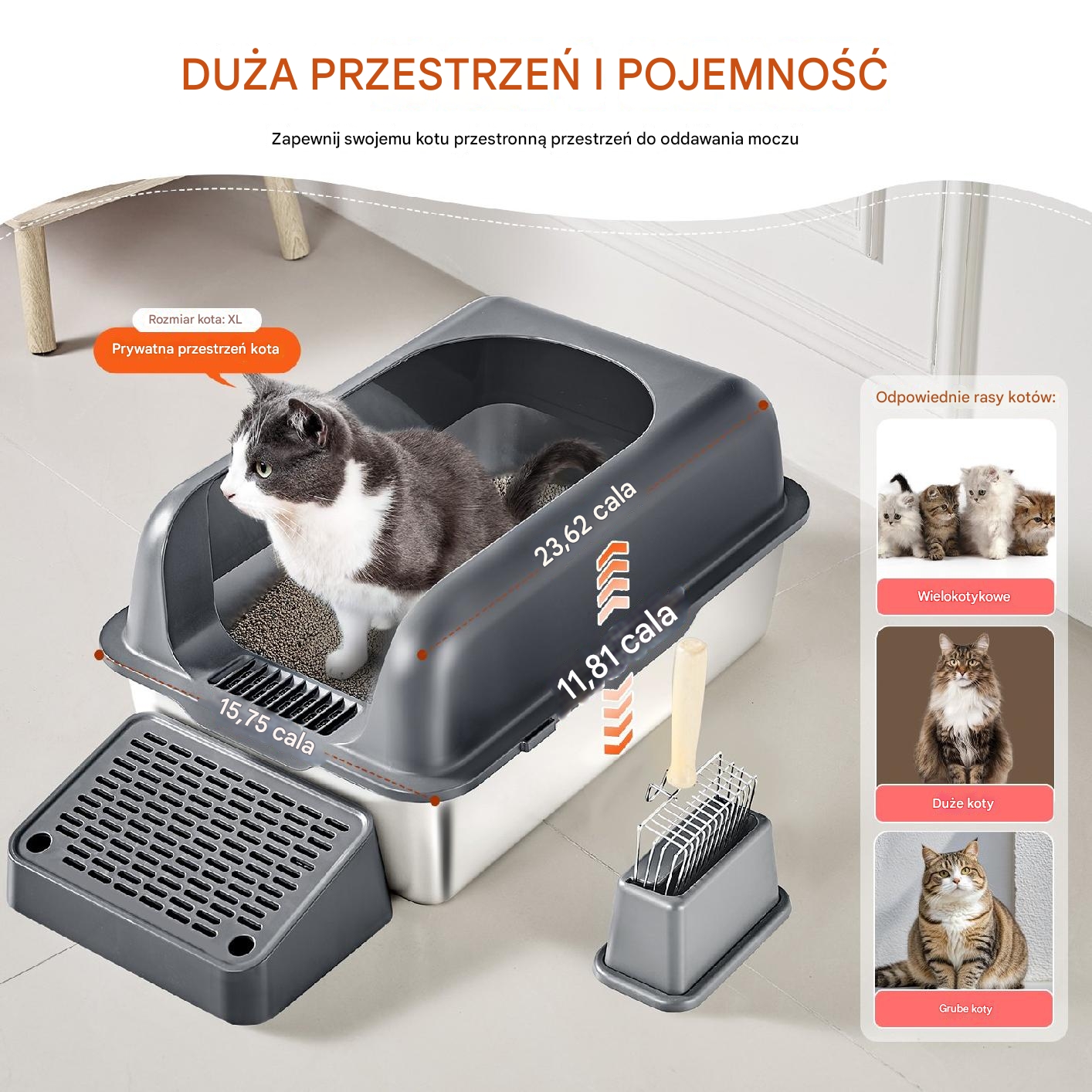 Kuweta dla kota ze stali nierdzewnej 60x40cm duża wysokie brzegi 152mm 60L - obrazek 5