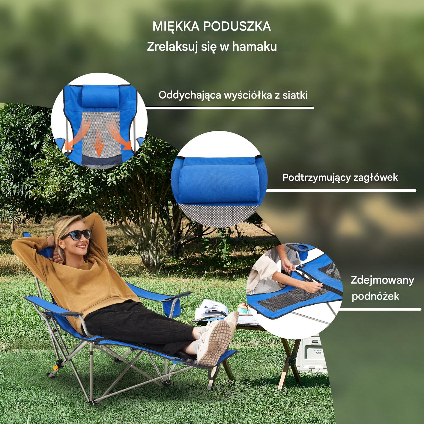 Składane Krzesło Kempingowe z Podnóżkiem Niebieskie - obrazek 4